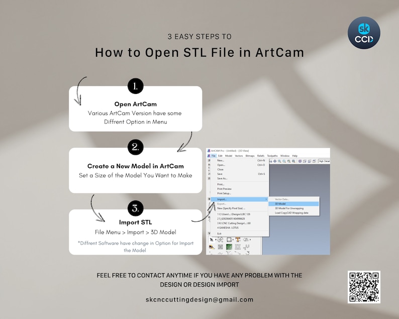 Puede incluir: Un diagrama que muestra tres pasos sencillos para abrir un archivo STL en el software ArtCam. Los pasos son: 1. Abrir ArtCam, 2. Crear un nuevo modelo en ArtCam y 3. Importar STL. El diagrama incluye una captura de pantalla de la interfaz del software ArtCam.