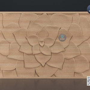 Puede incluir: Un panel de pared de madera con un diseño de flor tallada. La flor está compuesta por muchos pétalos, y el centro de la flor está elevado. El panel es de color marrón claro.