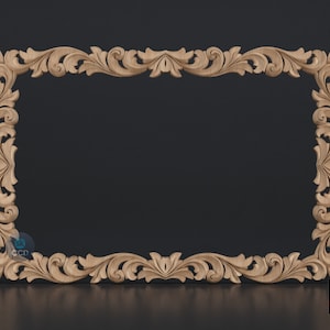 以下が含まれることがあります： 花と葉の複雑な彫刻が施された長方形の木製フレーム。 フレームは明るい茶色で、縁に沿って詳細なスクロールワークが施されています。 デザインは対称的で、角と側面が互いに鏡面になっています。 フレームは暗い背景に設定されています。
