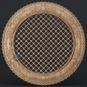 May include: A round, ornate wooden frame with a detailed, intricate design. The frame features a delicate, woven lattice pattern in the center.
