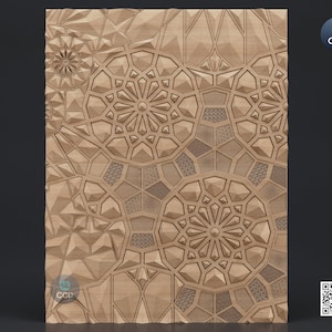 Puede incluir: Un panel de madera marrón con un patrón geométrico tallado. El patrón está formado por círculos y estrellas repetidos. El panel es un modelo 3D y está disponible para descargar.