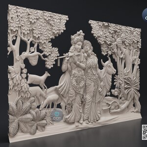 Puede incluir: Una escultura en relieve impresa en 3D de color blanco que representa a una pareja de pie en un entorno de bosque. La pareja est&aacute; rodeada de &aacute;rboles, flores y animales. La escultura es detallada e intrincada, con una representaci&oacute;n realista de la pareja y su entorno.