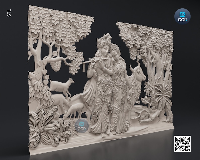 Puede incluir: Una escultura en relieve impresa en 3D de color blanco que representa a una pareja de pie en un entorno de bosque. La pareja est&aacute; rodeada de &aacute;rboles, flores y animales. La escultura es detallada e intrincada, con una representaci&oacute;n realista de la pareja y su entorno.