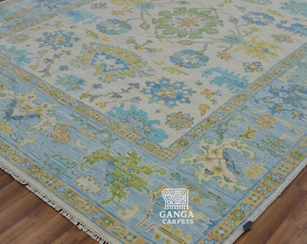Blue Ivory Oushak Rug, Hand Knotted Wool Carpet, Vintage Turkish Style Floral