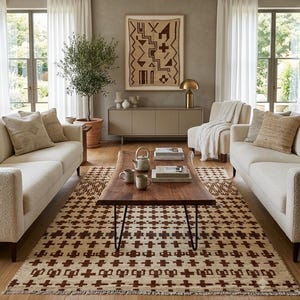 Teppich mit geometrischem Kreuzmuster in Creme und Braun, Boho-Landhausstil