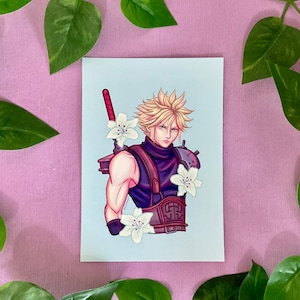 Final FAntasy VII illustration, FF7 fanart, Cloud Zack Tifa Aerith prints, videogame anime style drawing