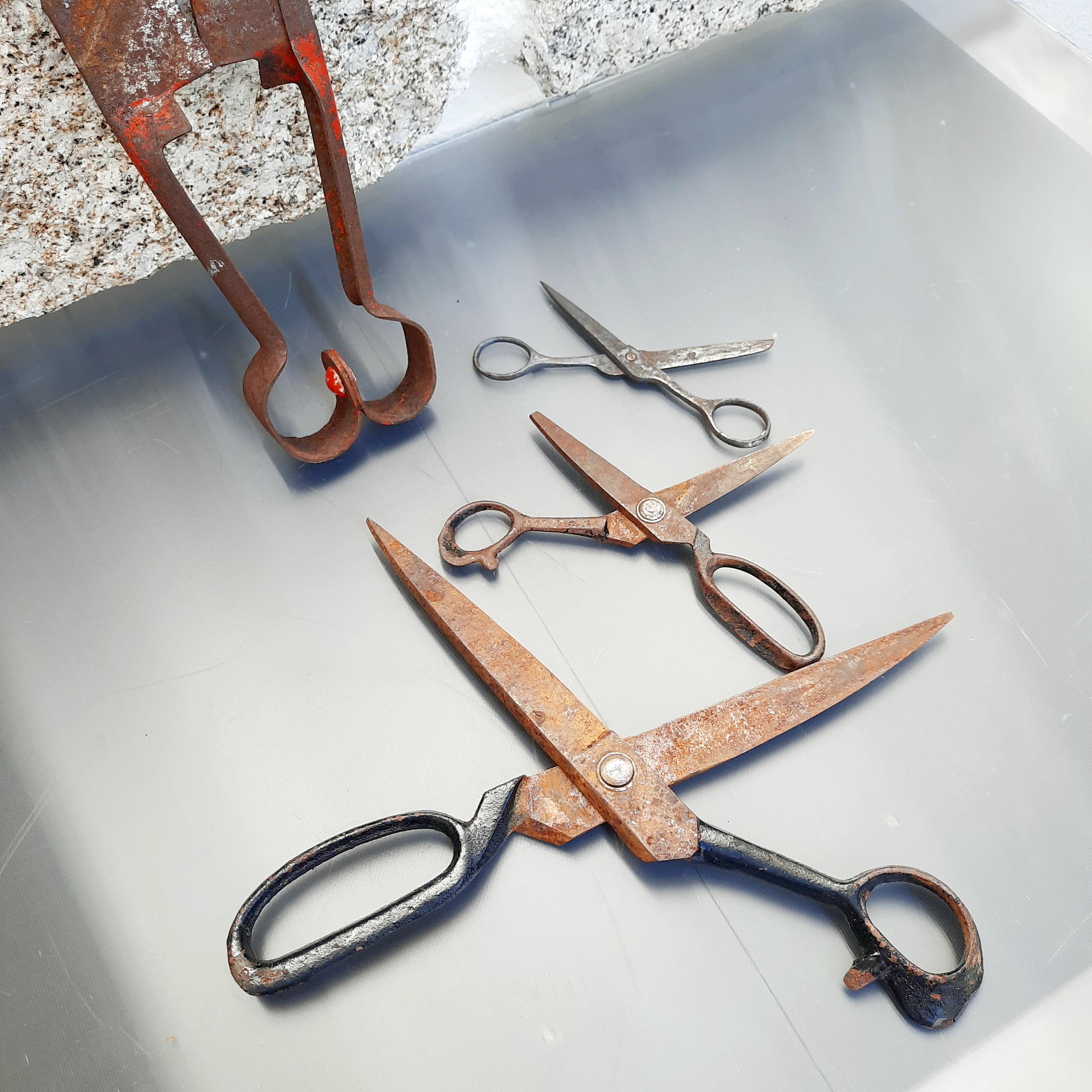 ヴィンテージの錆びた金属製ハサミセット：素朴な農家風インテリア