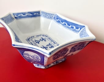 Vintage Chinese Blue  White Porcelain Octagonal Bowl | Hand Painted Asian Ceramic Dish | Unmarked Chinese Serving Bowl