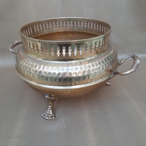 Antique Portuguese brass pot. Brass flower pot. Decorative pot made of brass. Flower pot with legs.