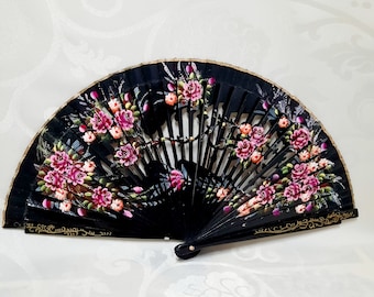 Ventilador antigo. Ventilador de madeira. Leques. Ventilador dupla face. Leque - Padrão de Flores Pintadas à Mão e Madeira Laca. década de 1960.