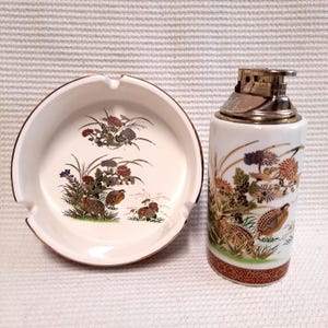 Set of antique porcelain table lighter and ashtray. Antique Japanese lighter, collectible model, vintage lighter, rare lighter and ashtray.