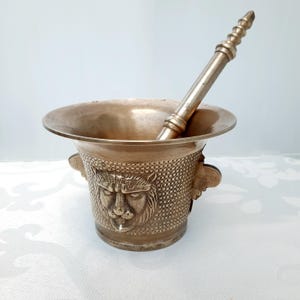 Antique Bronze Mortar and Pestle | Late 19th Century | Lion Head Design | Vintage Apothecary Decor