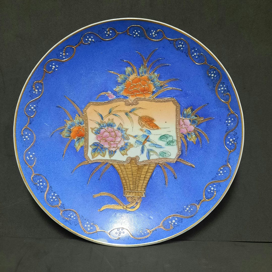 アンティーク手書き 青白い花柄の陶磁器皿 アンティーク手書き 青白い