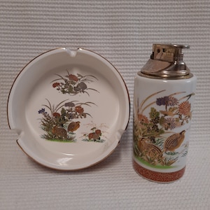 Set of antique porcelain table lighter and ashtray. Antique Japanese lighter, collectible model, vintage lighter, rare lighter and ashtray.