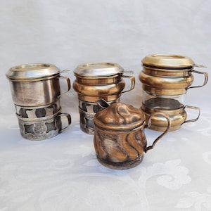 Vintage Metal Drip Coffee Maker – Mid-Century Brass & Glass Pour-Over Set – Collectible Retro Coffee Brewer
