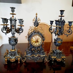Vintage Mantel Clock and Candelabra. Bronze Set of 3 Pieces