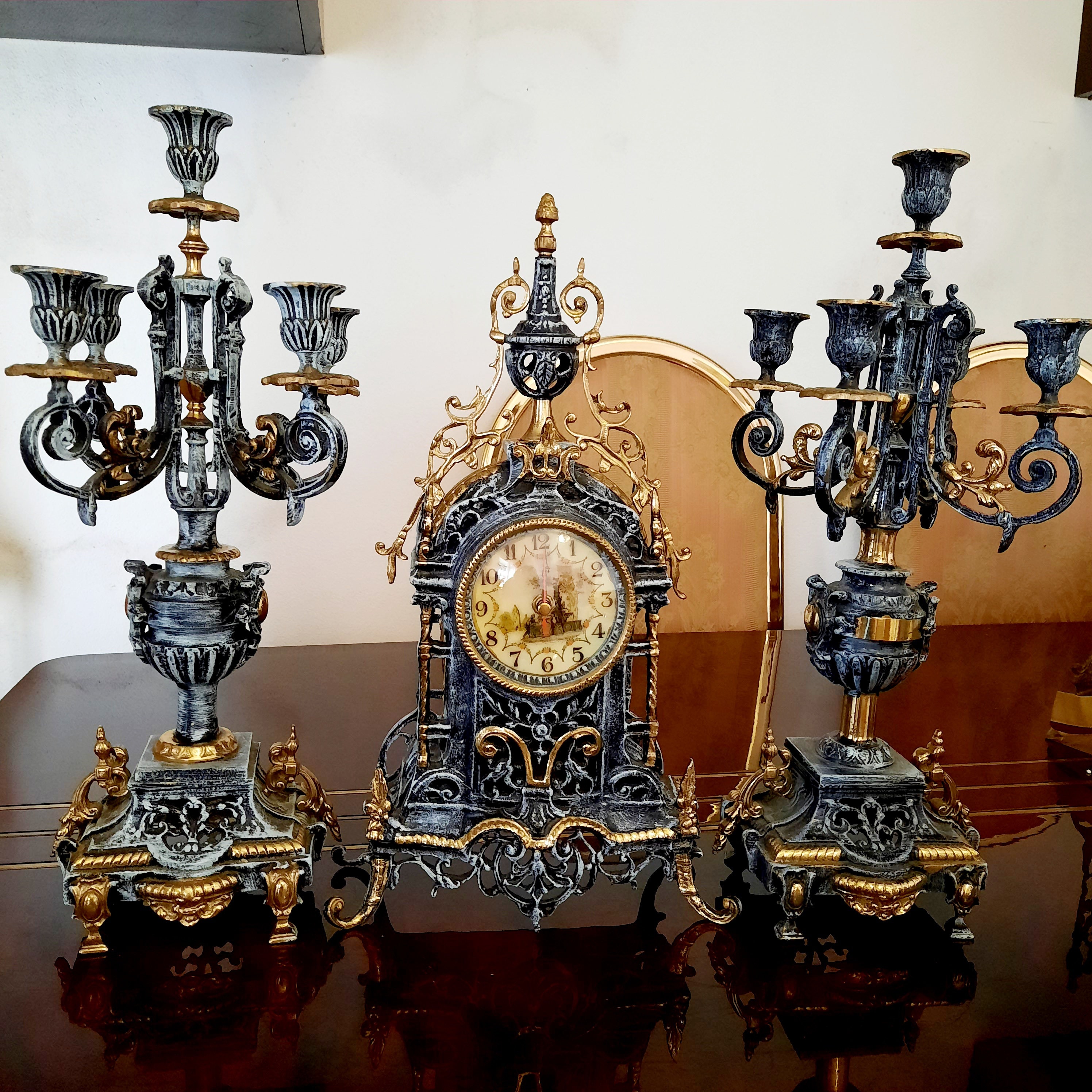 Vintage Mantel Clock and Candelabra. Bronze Set of 3 Pieces