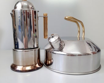 Durable vintage stainless steel teapot from the Suprema brand, Portugal.Stainless steel coffee pot Alpu Puppieni brand - Italy.