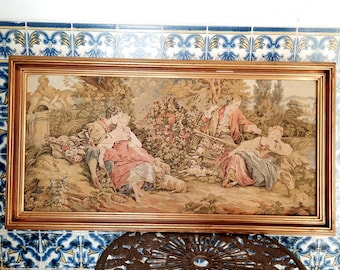 Vintage Framed French Tapestry: Rococo Pastoral Scene Wall Hanging