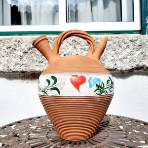 Portuguese clay jug. Jug with handle. Rustic terracotta jug. Folk crafts. Water vessel
