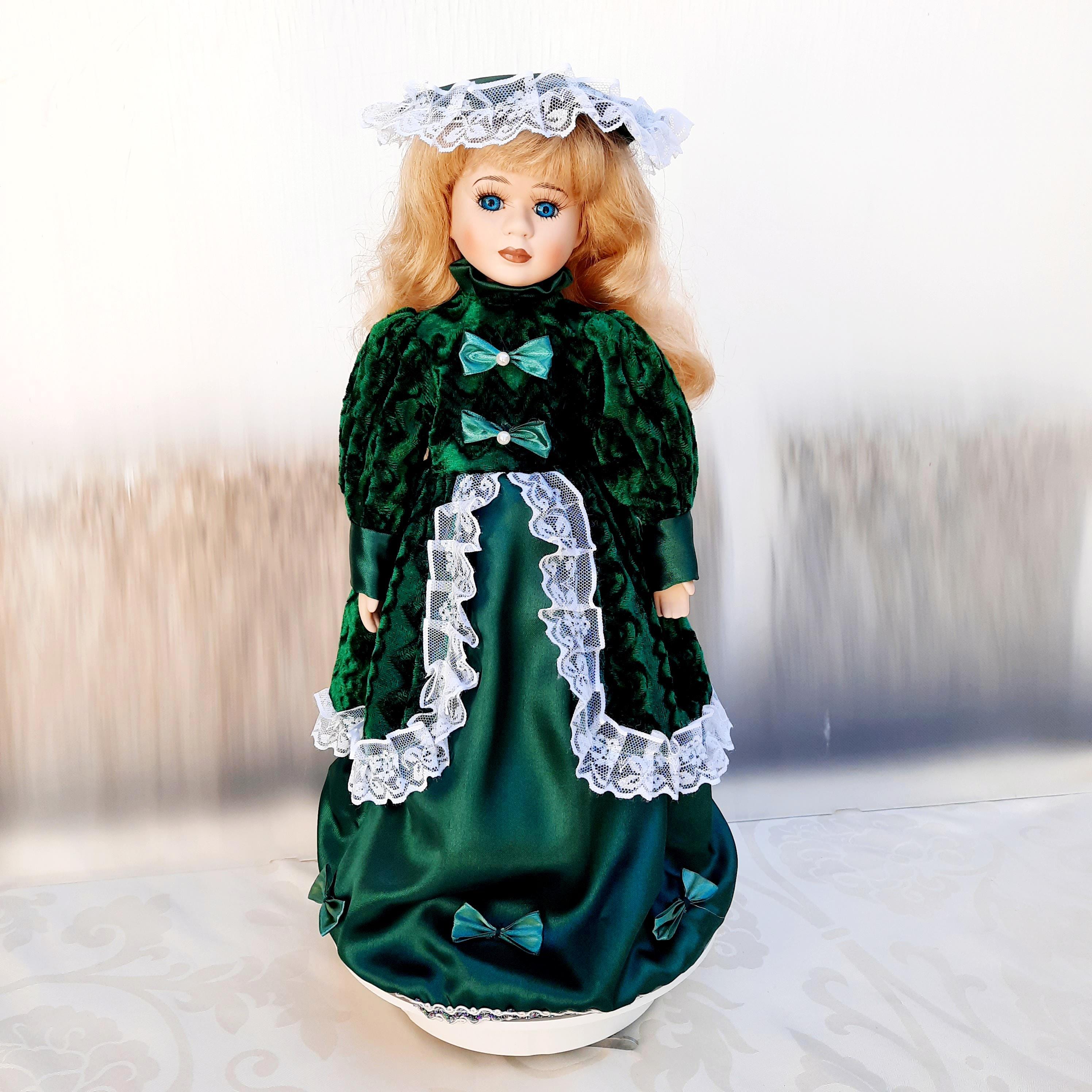 porcelain doll with green velvet dress Vintage in Emerald Dress. Collectible Handmade Figurine pearl bling