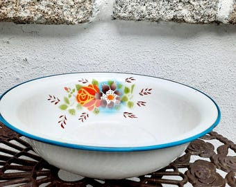 Tigela pequena de esmalte vintage. Tigela de esmalte funda. Tigela de metal com flores. Tigela de esmalte feita na China
