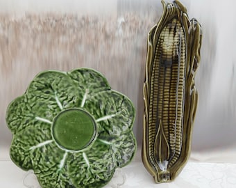 Bordallo Pinheiro Ceramic Corn & Cabbage Leaf Plates: Portugal, Set of 2
