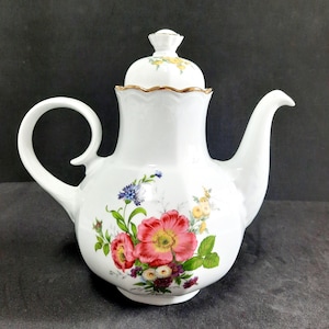 Dister Limoges porslins-tekanna: fransk blomsterdesign, guldfärgad accent