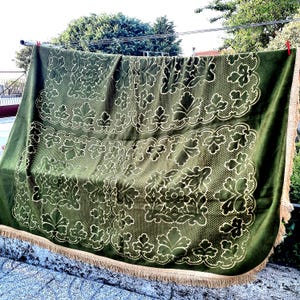 Vintage Heavy Shaggy Bedspread. Floral Pattern Blanket - Olive Green Fringed Bedspread.