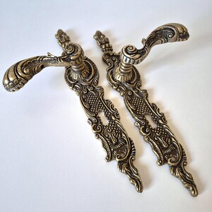 Vintage Brass Door Handle Set, Antique Lever Handles with Escutcheons, Victorian Hardware, Decorative Door Knobs