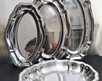 Vintage stainless steel serving tray with a silver finish, retro party decor, metal serving platters