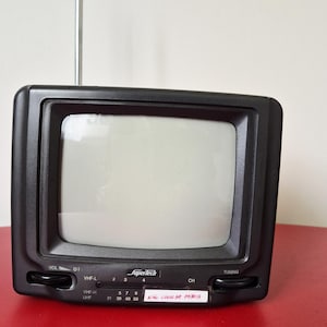 Vintage Supertech Mini TV, Retro Portable CRT TV, Black and White Analog with Antenna, 1980s, Collectible Home Decor