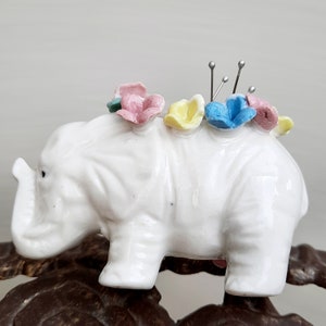 Vintage pincushion. Small porcelain elephant figurine with pincushion. Handmade. Sewing accessories.