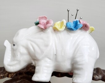 Vintage pincushion. Small porcelain elephant figurine with pincushion. Handmade. Sewing accessories.