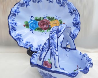 Hand-Painted Ceramic Dish and Basket Set – Vestal Alcobaca, Portugal