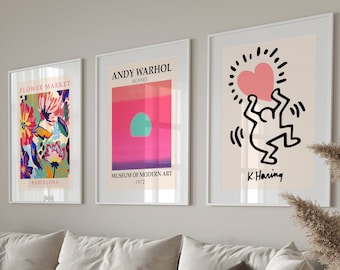Set of 3 Digital Art, Keith Love Poster, Flower Market Print, Andy Warhol Poster Set, Gallery Wall Bundle, Museum Poster, Haring Print