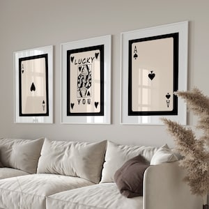 Set Of 3 Trendy Retro Wall Art, Black and White Ace Card Poster, Lucky You Poster, Trendy Wall Art, Digital Wall Set.