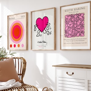Gallery Wall Art Set Of 3 Prints, Trendy Keight Haring Print, Haring Poster, Bauhaus Print, Bauhaus Poster, Gallery Wall Bundle, Pink Set.