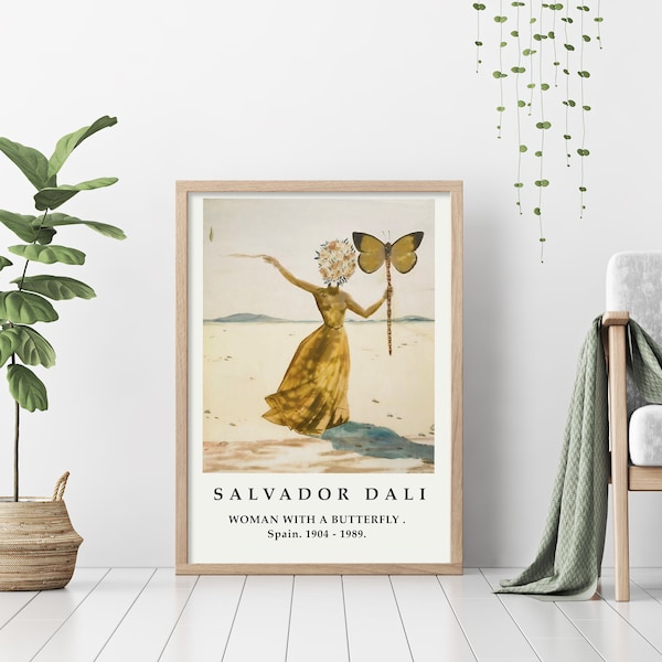 Salvador Dali célèbre peinture, femme avec un papillon, peinture classique d'artistes, poster, impression d'art beige, art classique.