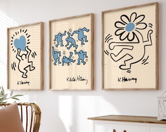 Blue Keith Haring Set of 3 Prints, Keith Haring guys dancing, Haring Flower Print, Gallery Wall Set, Keith Haring Poster, Digital Print Set