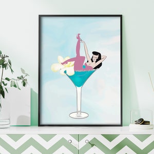 Retro Vrouw in Cocktail Print, Kleurrijke Bar Cart, Gallery Wall Art, 60s 70s 80s Wall Decor Print, Digitale Download, Martini Bar Prints