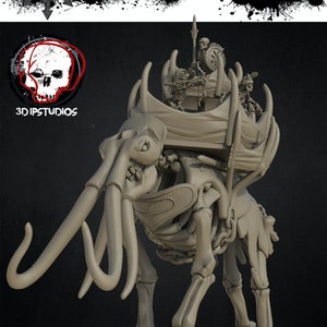May include: A skeletal mammoth with a skeletal rider on a throne. The mammoth is 149mm long, 89mm wide, and 185mm tall. The rider is holding a spear and shield. The model is made of gray plastic and is unpainted.