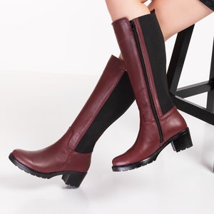 Handmade Women&#39;s Genuine Leather Knee High Boots With Square heel | Side zipper & Elastic Back Panel