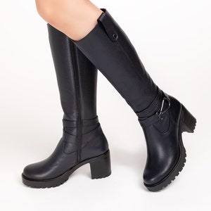 Women&#39;s Knee High Leather Boots with YKK Zipper - Custom Calf, Fur Lined & Handmade - Block heel, Non-Slip Sole