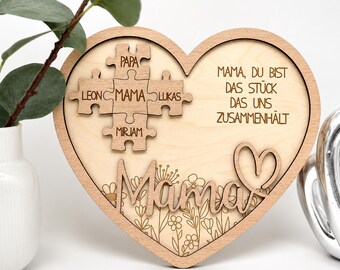 Birthday gift for Mom. Birthday present for mother with a saying. Wooden gift with engraving. Wooden heart with puzzle featuring children's names.