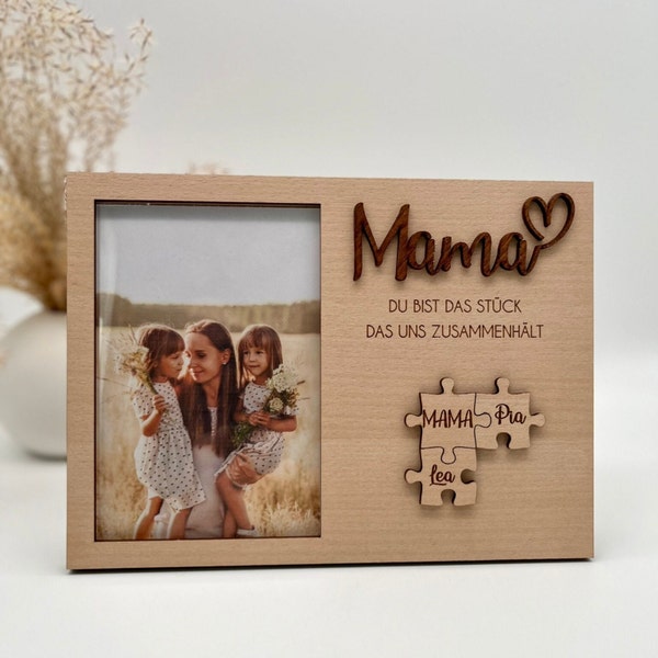 Mutter Geschenk Muttertag Bilderrahmen personalisiert. Geburtstagsgeschenk Mama Holz Puzzle. Bilderrahmen Holz mit Namen und Gravur.