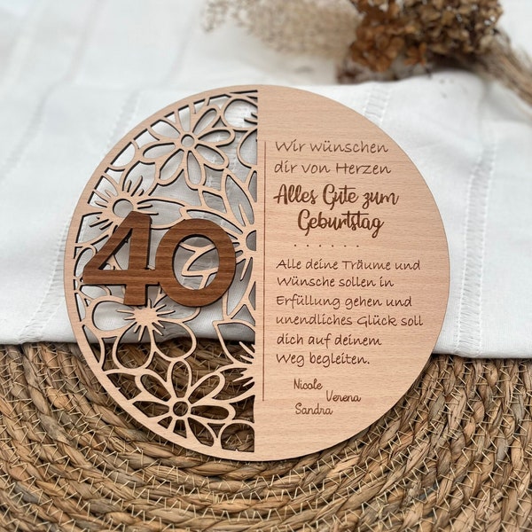 Gift for a round birthday made of wood, personalized. Birthday 60th. Gift 50th. 40th birthday gift with engraving flowers. Sign with engraving
