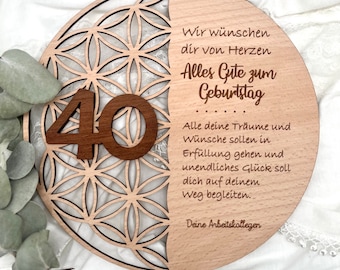 Geschenk runder Geburtstag. Lebensblume Holz mit Wunschtext. Geburtstag 60. Geschenk 50. Geschenk 40. Blume des Lebens Mutter Freundin