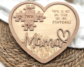 Mutter Geschenk Muttertag Holz. Geburtstagsgeschenk Mama Puzzle. Geschenk Mama personalisiert. Schild mit Namen und Gravur Blumen.