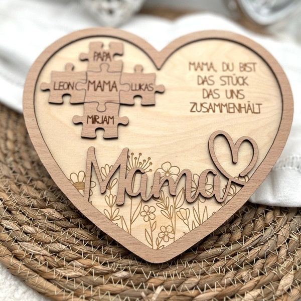 Mutter Geschenk Muttertag Holz. Geburtstagsgeschenk Mama Puzzle. Geschenk Mama personalisiert. Schild mit Namen und Gravur Blumen.